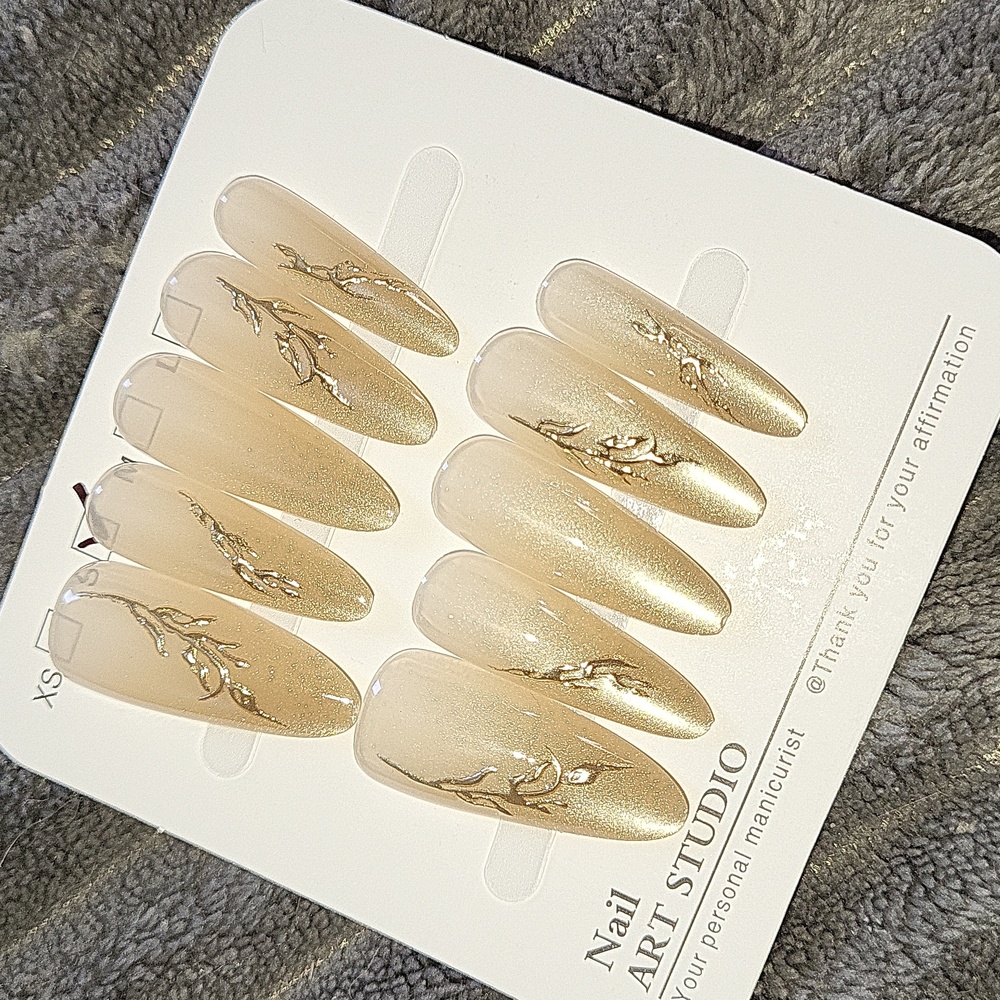 (S)🎀Premium Nail Art French Gold Leaf Design Stilletto Style Press On Nails